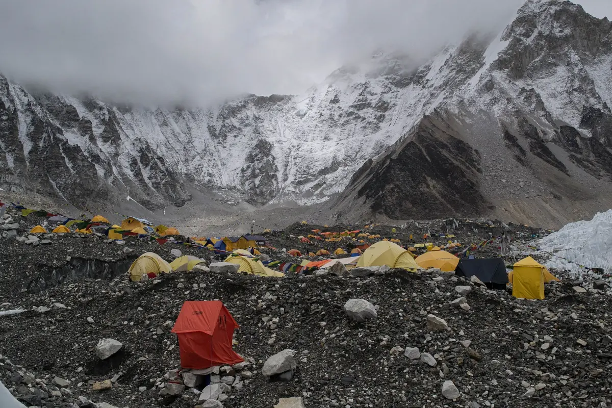 Tents at Everest Base Camp on a cloudy day