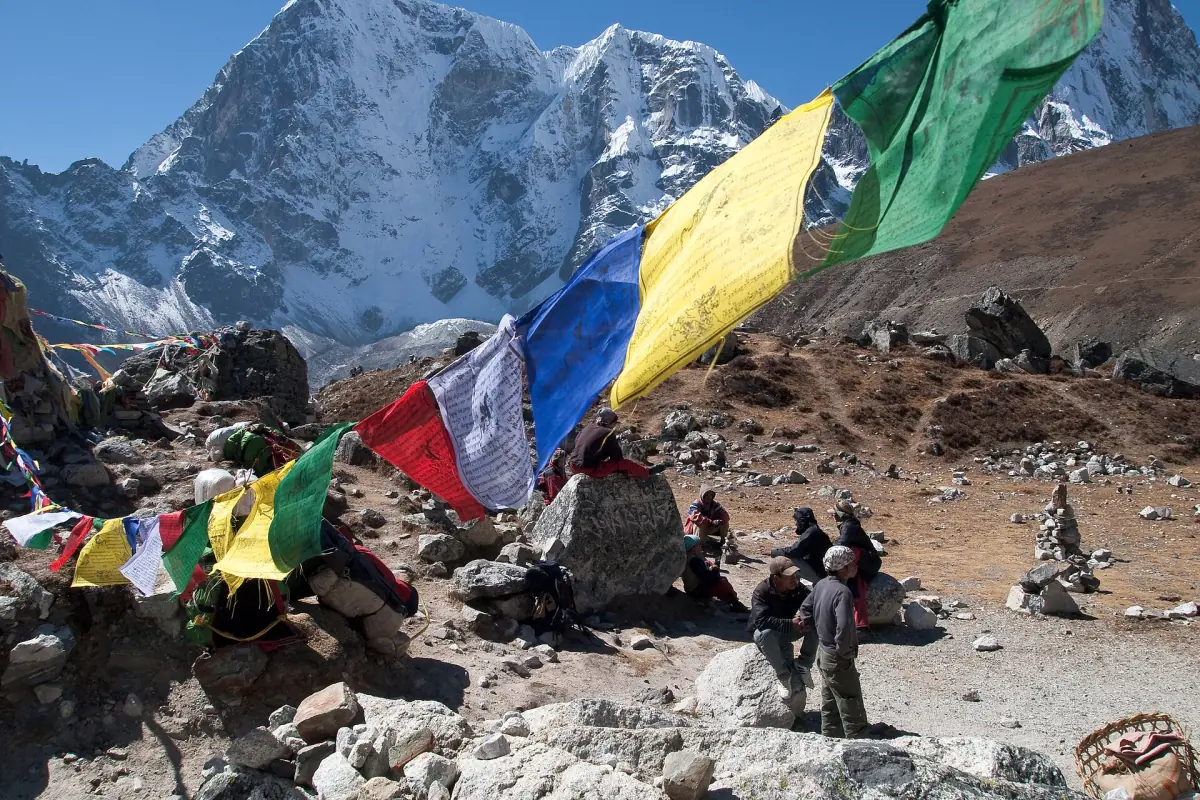Prayer flags on a mountain pass in the Khumbu