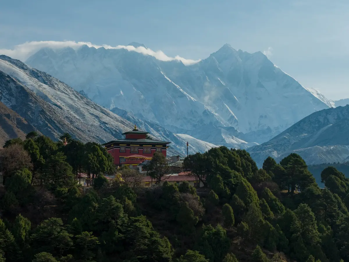 Il monastero di Tengboche tra i pini nel Parco Nazionale di Sagarmatha, con le vette innevate sullo sfondo